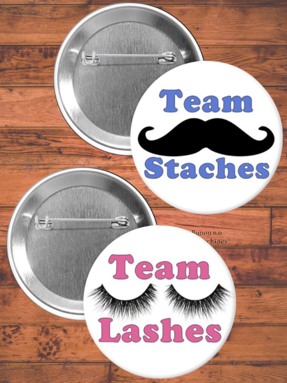 Team Lashes Staches Gender Reveal Party Favors, Pin Back Buttons, Baby Shower